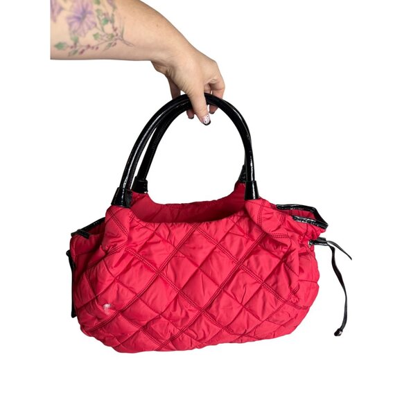 Kate Spade Quilted Nylon Red Tote Bag With Black Patent Handles & Zipper Closure - Picture 3 of 9